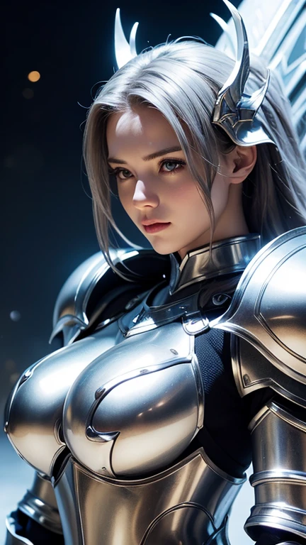 a close up of a woman in Dragon silver armor holding a shield, beautiful armor, stunning armor, as a paladin, girl in knight Dragon silver armor, female armor, wearing fantasy armor, medium long body shot ,beautiful breast , huge breast, elegant pose ,light bokeh and atmosphere was dark and the lights were twinkling background.,photo realistic ,surreal