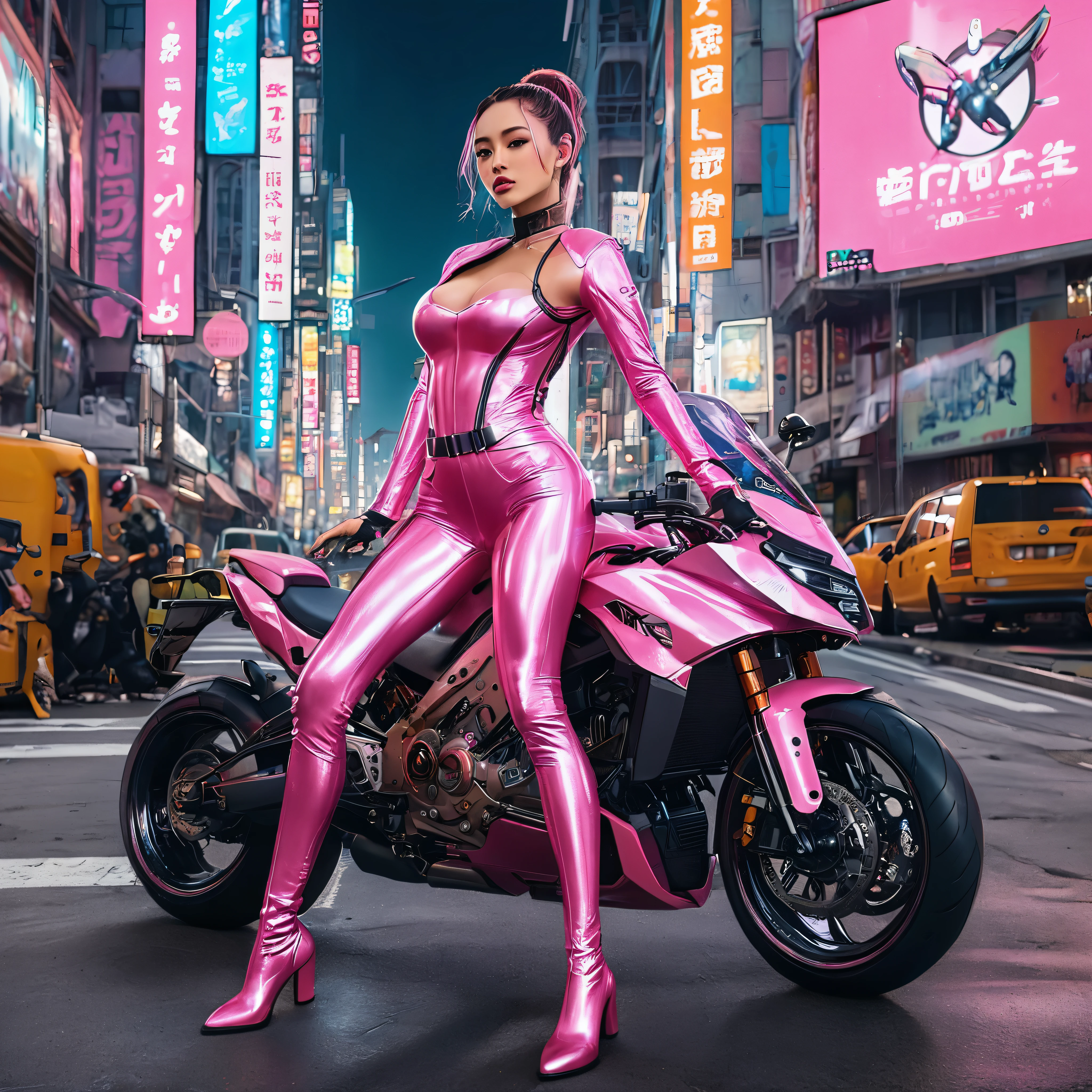 (highest quality、4k、8k、High resolution、masterpiece: 1.2)、Super detailed、(real、photorealistic、photorealistic: 1.37)、SF、beautiful young woman、bounty hunter、Cybernetic Weapons、cyberspace、High Tech City、Shining neon lights、((futuristic fashion:1.37))、((Skin-tight light pink metallic outfit:1.37))、((Ride the motorcycle of the future))、intense action、Fast-paced、Exciting soundtrack、explosion、Advanced technology、Sharp contrast、Gritty atmosphere、Black Market Trading、Skyline at night、Steampunk elements、Laser gun combat、Hidden Alley、hovering drone、Enhanced Vision、The unforgiving metropolis、Cybernetic Implants、Secret organizationysterious Informant、High Speed Chase、Impressive acrobatics、Colorful holograms、Urban Exploration、Navigating Virtual Reality、A diverse and multicultural society、Dystopian society、 Crowded city street、hall々A high-rise building、Android Companion、Illegal cybernetic modifications、A heart-pounding adrenaline rush、Heroic determination、Glass reflection、