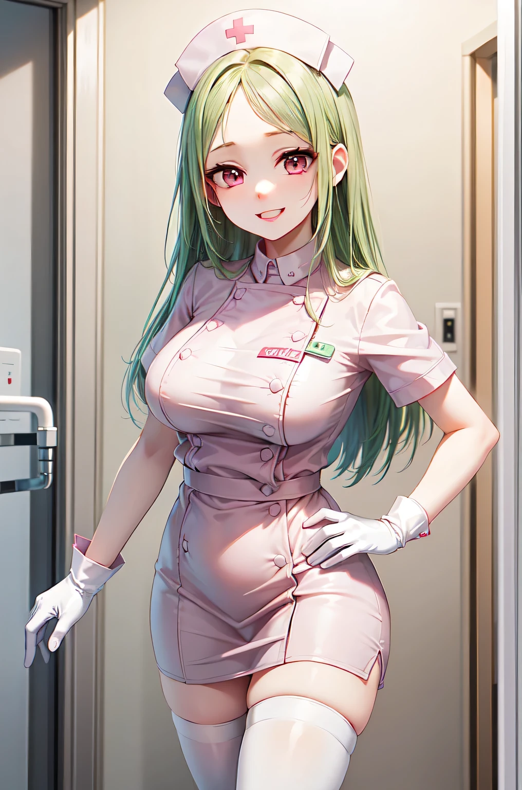 1woman, solo, nurse, white nurse cap, white nurse uniform, ((white legwear, zettai ryouiki)), white gloves, forehead, long hair, green hair, pink eyes, pink lips, smile, standing, ((hospital room)), sharp outline, short sleeves, mature female, 35 years old, best quality, masterpiece