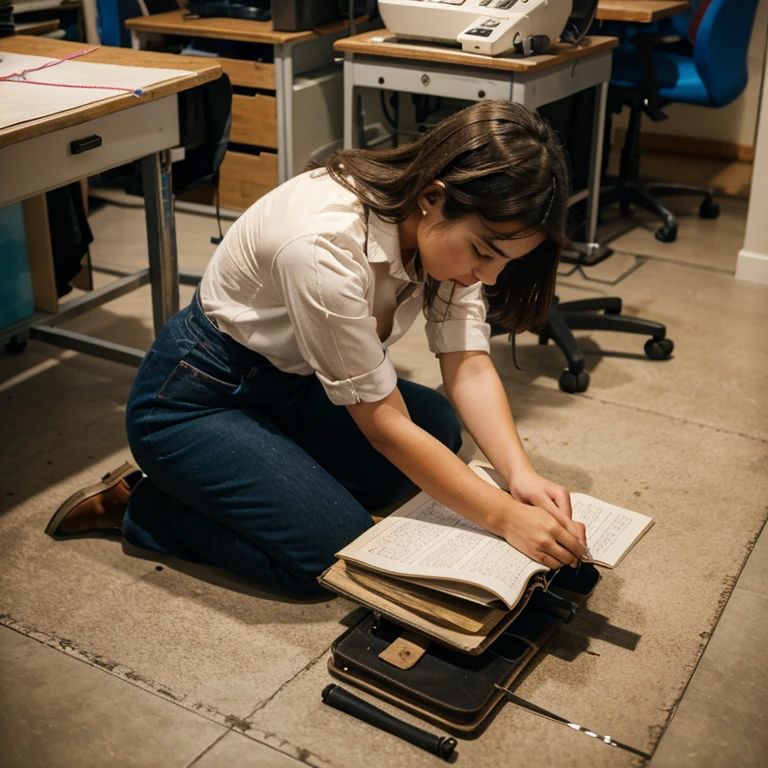 A girl, between sewing machines and a notebook on the floor