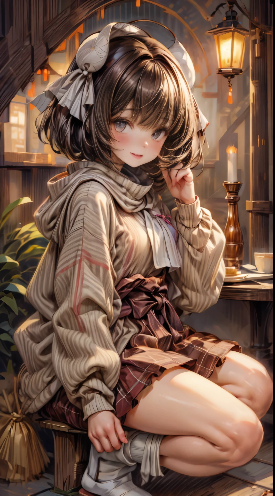 tmasterpiece、8K、32K、quality、(detailed eyes)、Long brown hair，colours，(A lovely Japanese woman、through bangs)、23years old、1 girl in、Elegant、(Detailed background depiction、Potrat:1.2)、(bob cuts:1.3)、(lamplight、Yuki:1.4)、(slalom:1.2)、(wool poncho、Plaid mini skirt、upper legs, upper legs, upper legs:1.2)，(face flushed、cheerful:1.4)、(Look from the bottom up:1.3)