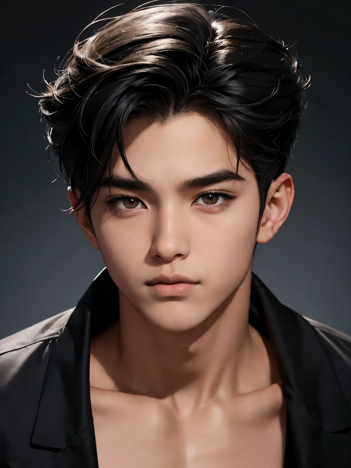 com cabelo preto ondulado, olhos amarelos, pele marrom, cute asian boy, Garoto com um rosto lindo, estilo de anime realista, boy looking like a kpop idol, moreno e com orelhas de gato preto