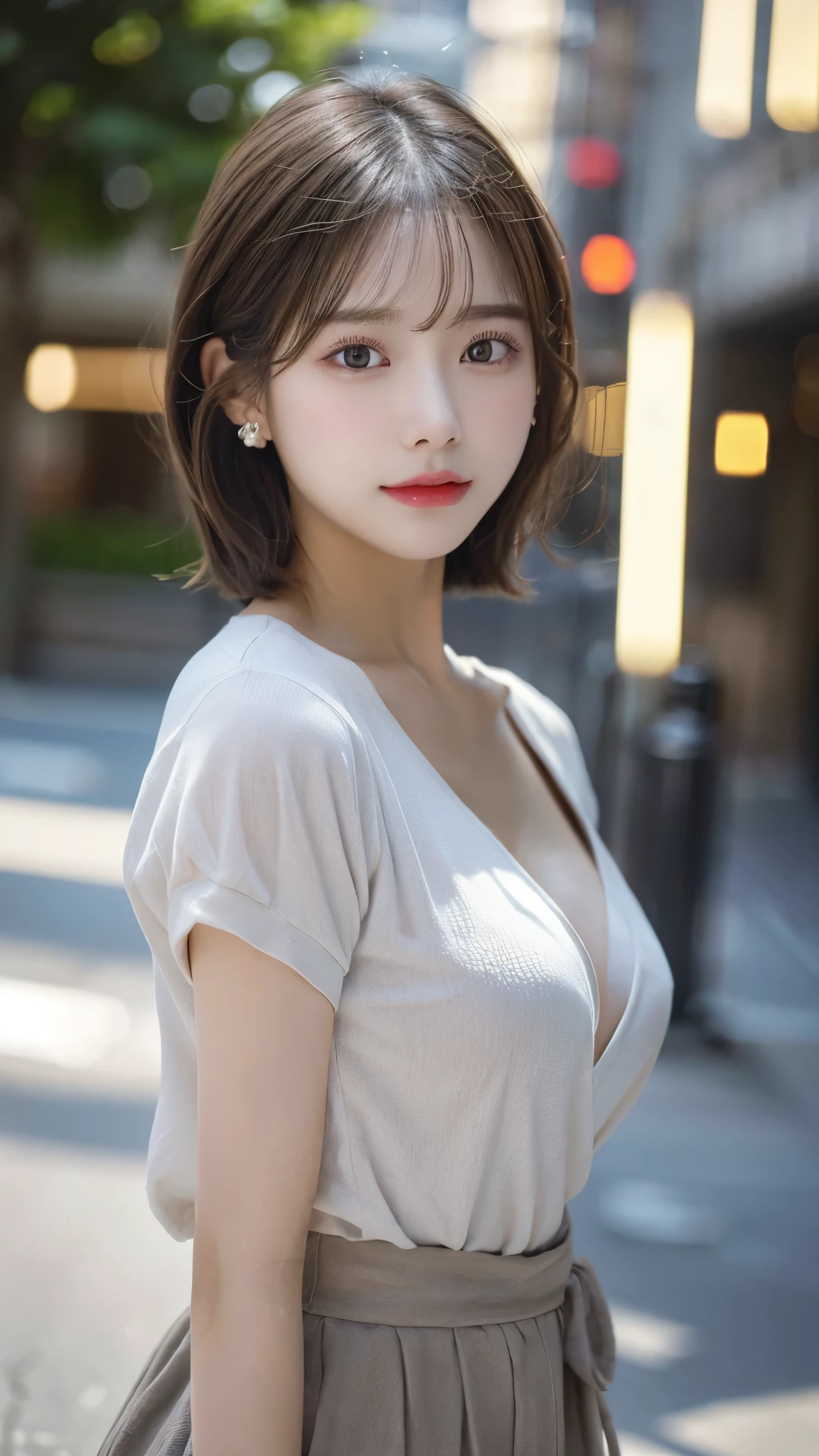 Woman standing upright facing the camera、Emphasize the cleavage、lightly dressed、exposed、thin white shirt、(highest quality,masterpiece:1.3,超A high resolution,),(super detailed,caustics),(Photoreal:1.4,RAW shooting,)ultra-realistic capture,very detailed,High definition 16K for human skin、 Natural skin texture、、Skin looks even-toned and healthy、 Use natural light and color,one woman,Japanese,,cute,Grey-haired,middle hair,(Depth of the bounds written、chromatic aberration、、wide range of lighting、natural shading、)、(Outdoor lights during daytime:1.4)、(hair swaying in the wind:1)、short hair、hair ornaments、Put on your ears