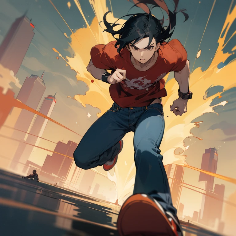 ((highest quality)), ((masterpiece)), (be familiar with), anime,youth,male,black hair,hair standing on end,Triumphant look,jeans,black jacket,red t-shirt,action,running,Tokyo cityscape