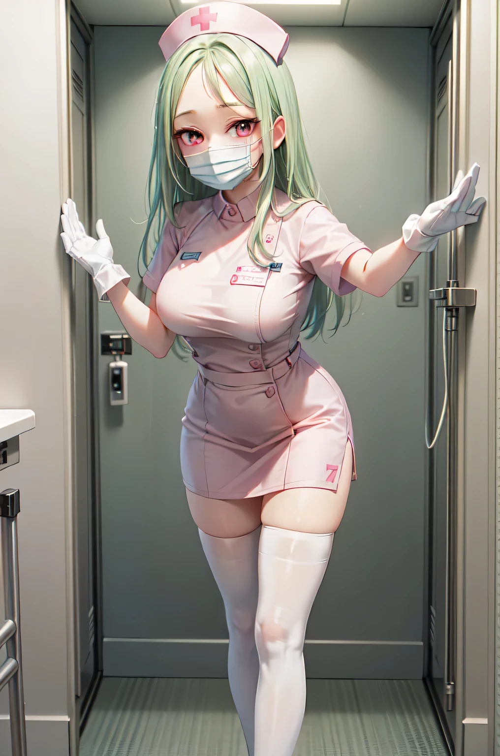 1woman, solo, nurse, white nurse cap, white nurse uniform, ((white legwear, zettai ryouiki)), white gloves, forehead, long hair, green hair, pink eyes, ((white surgical mask, covered nose)), standing, ((hospital room)), sharp outline, short sleeves, mature female, 35 years old, best quality, masterpiece