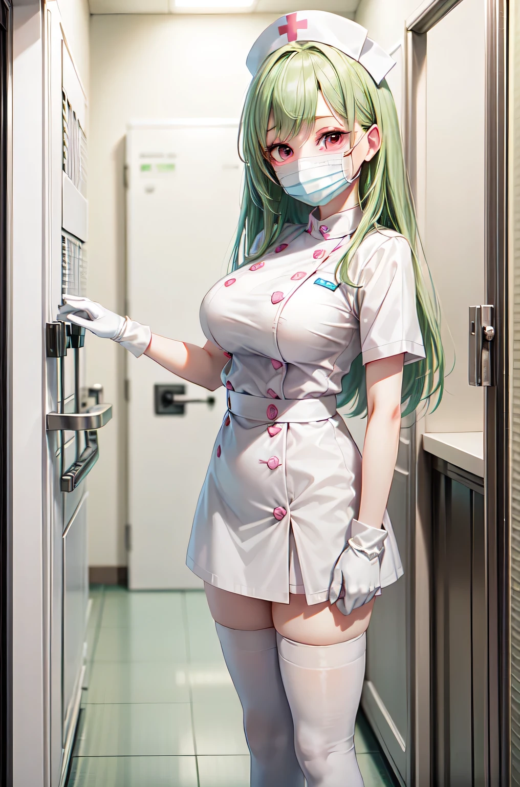 1woman, solo, nurse, white nurse cap, white nurse uniform, ((white legwear, zettai ryouiki)), white gloves, forehead, long hair, green hair, pink eyes, ((white surgical mask, covered nose)), standing, ((hospital room)), sharp outline, short sleeves, mature female, 35 years old, best quality, masterpiece