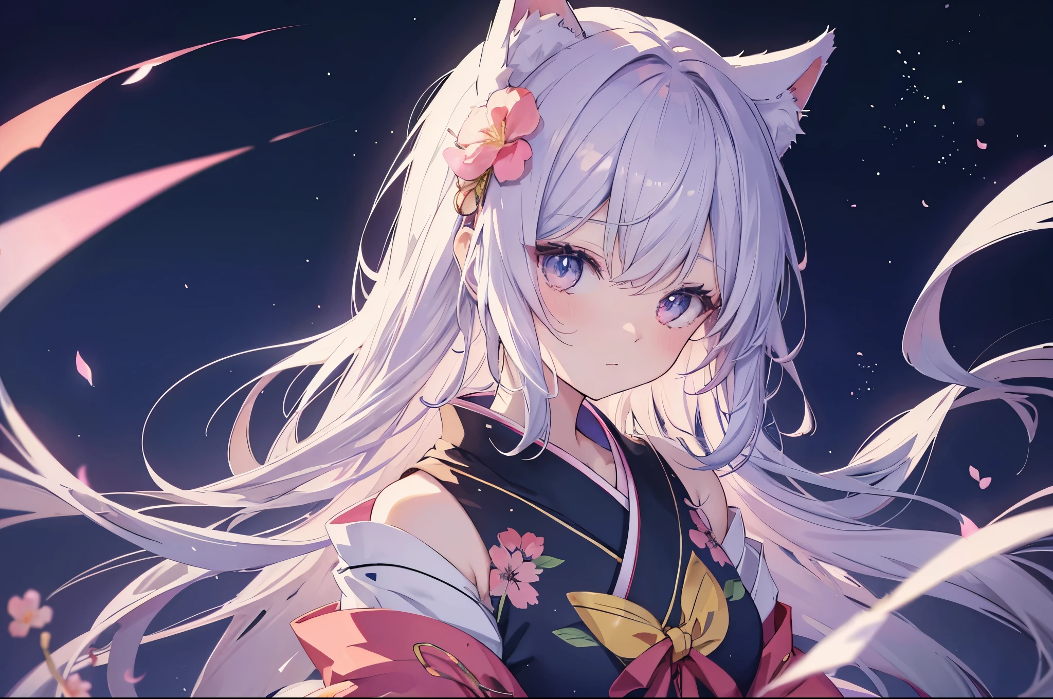 Anime cat girl wearing cat ears kimono, Look at your shoulder, Anime drawing by Yang J, Pixiv contest winners, serial art, デジタルanime illustration, kawashi, anime style illustration, anime style 4k, beautiful anime portrait, anime style portrait, anime style artwork, Guweiz style artwork, anime illustration, digital anime art, Detailed digital anime art, beautiful starry sky, ((beautiful night view))