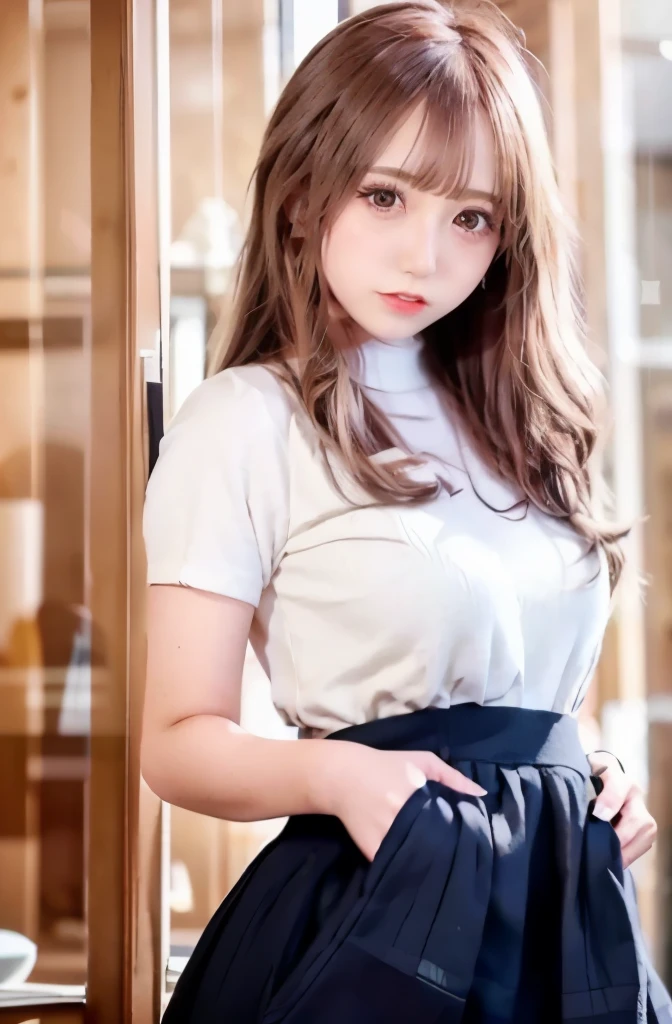 NFSW,((panty shot:1.3)),((skirt lift:1.3)),((panty shot:1.3)),((skirt lift:1.3)),((panty shot:1.3)),((skirt lift:1.3)),1 girl, single, alone, Beautiful woman、((I could see the whole body:1.3))、 ((middle wave hair, bangs, brown hair)), ((brown eyes, beautiful eyelashes, realistic eyes)), ((detailed face, blush:1.2)), ((smooth texture:0.75, realistic texture:0.65, realistic:1.1, Anime CG style)), perfect body, (( white shirt)), ((black skirt:1.3)), 1 girl,(highest quality,4k,8K,High resolution,masterpiece:1.2),1 Beautiful woman,18-year-old,35mm lens,f/1,considerable breasts,soft sunlight,bright colors,playful expression