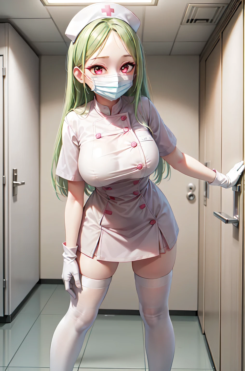 1woman, solo, nurse, white nurse cap, white nurse uniform, ((white legwear, zettai ryouiki)), white gloves, forehead, long hair, green hair, pink eyes, ((white surgical mask, covered nose)), standing, ((hospital room)), sharp outline, short sleeves, mature female, 35 years old, best quality, masterpiece