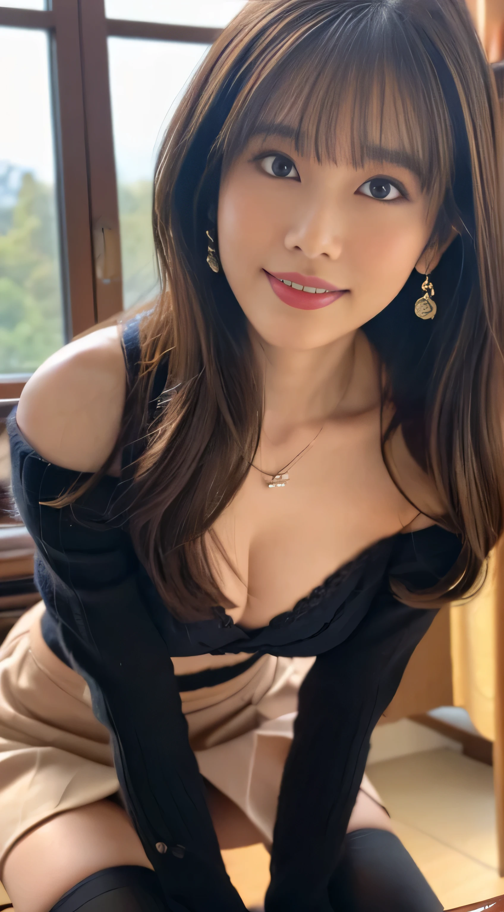 ((table top, highest quality, High resolution, , perfect pixel, 4k, ))), 1 girl, single, alone, Beautiful woman、(An angle where you can see the whole body)、 ((middle wave hair, bangs, brown hair)), ((brown eyes, beautiful eyelashes, realistic eyes)), ((detailed face, blush:1.2)), ((smooth texture:0.75, realistic texture:0.65, realistic:1.1, Anime CG style)), big breasts、soft chest、dynamic angle, perfect body, ((Female governess、、Beige off-shoulder sweater、Dark Blue Flared Skirt、black garter stockings、earrings、necklace、upward glance、shy smile、library desk、Leaning forward a lot、crawl on all fours、、I can see a little bra、Massage your chest with one hand、flip up the skirt with one hand、))