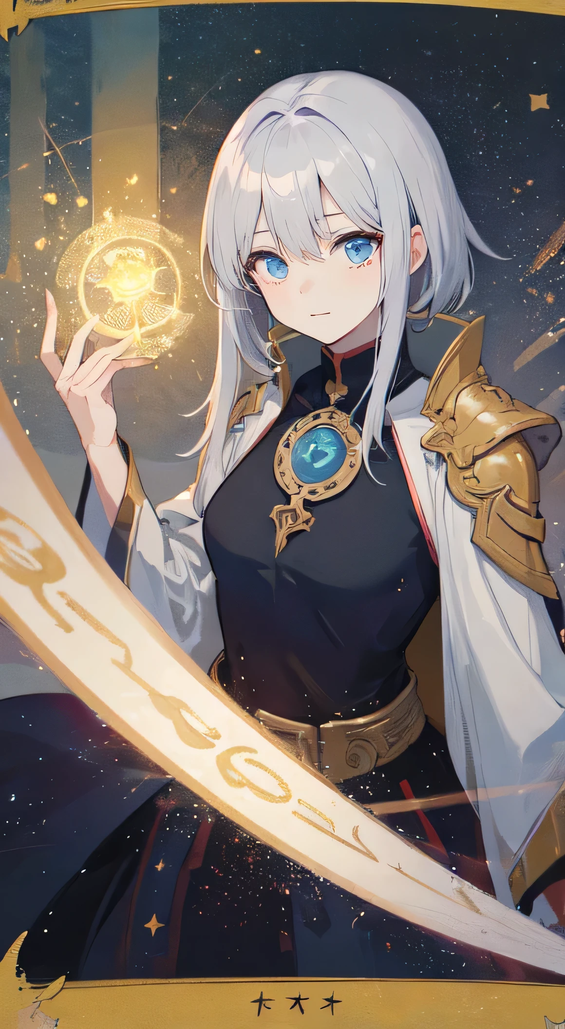 22-year-old female ,brown medium length hair, blue eyes, Thin, Big , white light, magic circle, Make it like tarot anime style but without the frame, gentle eyes, silver energy, metal particles, Golden particles, Golden energy