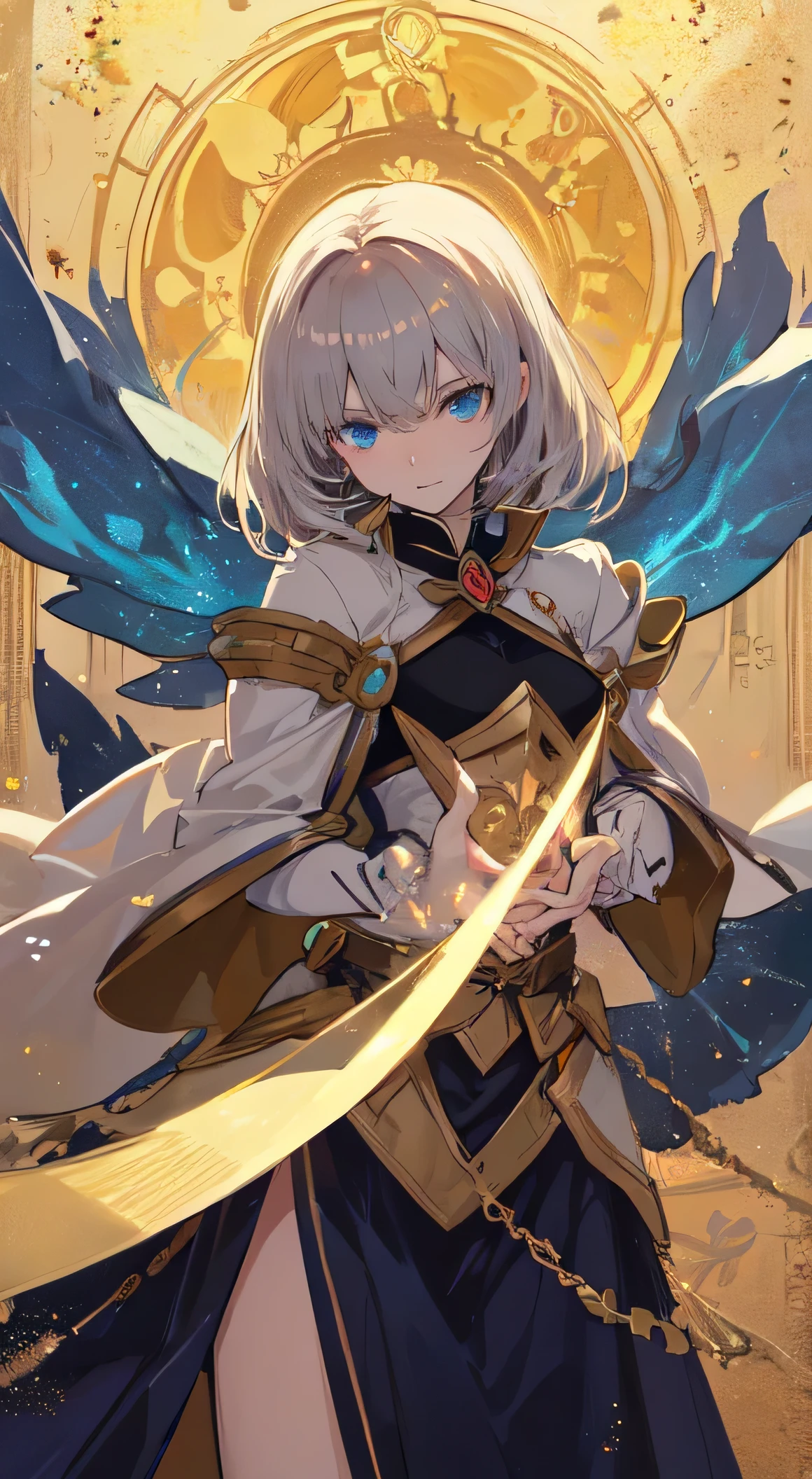 22-year-old female ,brown medium length hair, blue eyes, Thin, Big  , white light, magic circle, Make it like tarot anime style but without the frame, gentle eyes, silver energy, metal particles, Golden particles, Golden energy