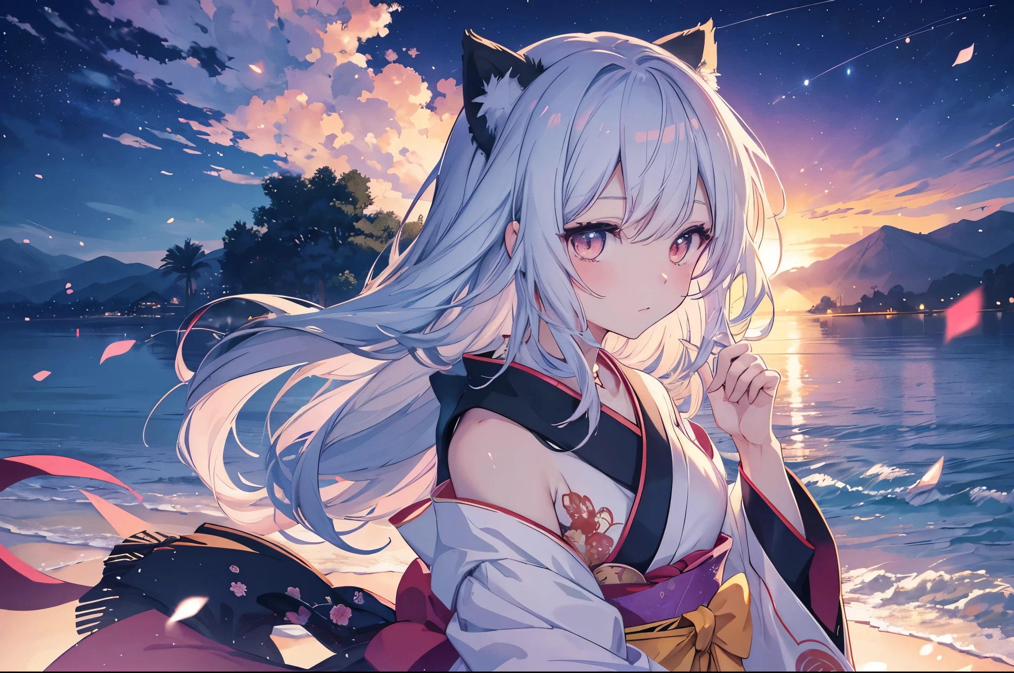 Anime cat girl wearing cat ears kimono, Look at your shoulder, Anime drawing by Yang J, Pixiv contest winners, serial art, デジタルanime illustration, kawashi, anime style illustration, anime style 4k, beautiful anime portrait, anime style portrait, anime style artwork, Guweiz style artwork, anime illustration, digital anime art, Detailed digital anime art, beautiful starry sky, ((beautiful night view))