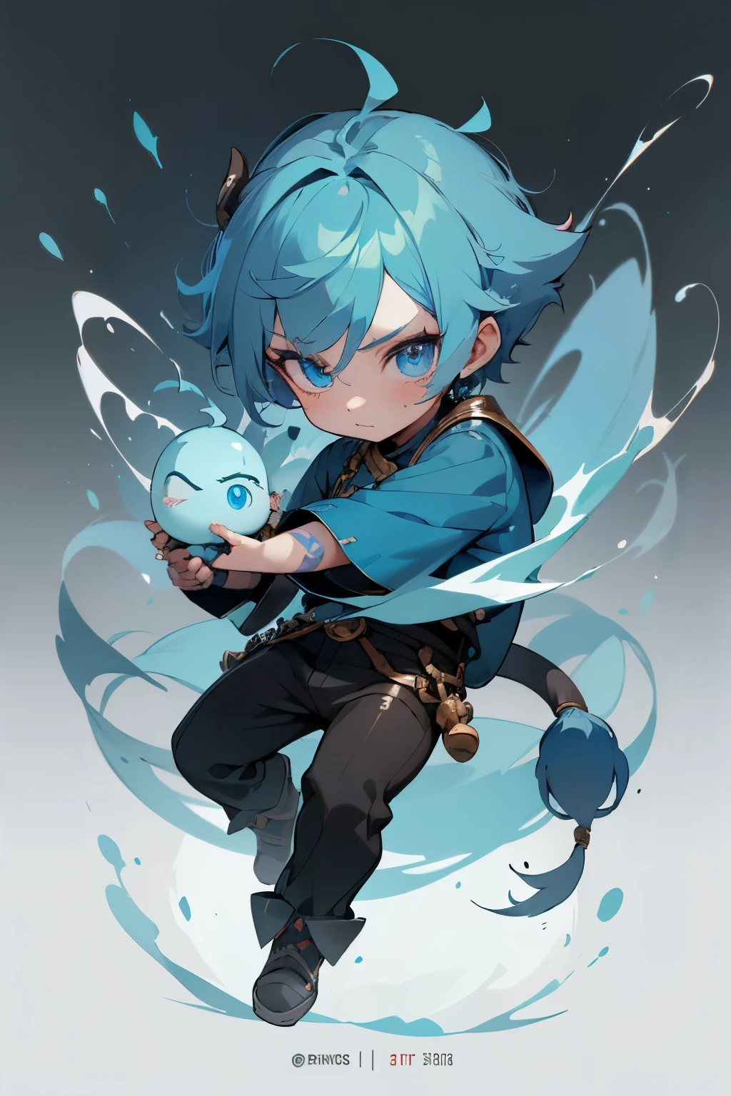 boy, full body, cartoon style, chibi style, cute, monkey tail ogre horn, beautiful face, blue color eye, beautiful eye, high detailed pupil, double eyeylid, high detailed skin, high quality skin, blue color hair, black clothes, masterpiece,