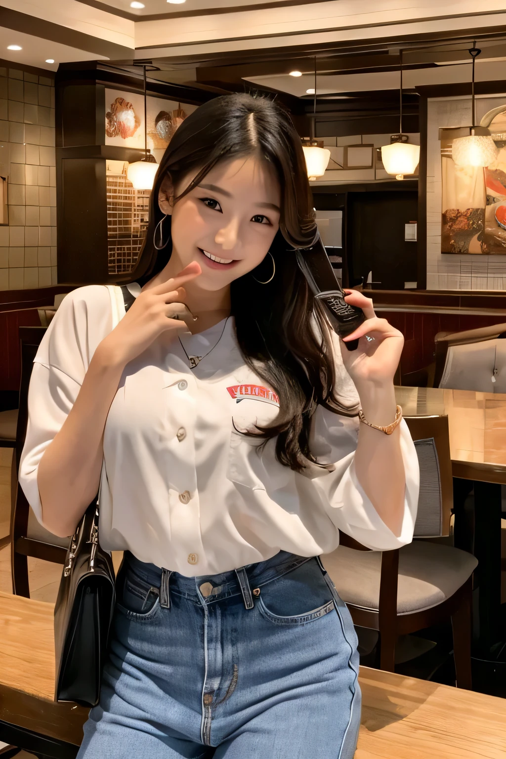 (Top Quality, 8k, 32k, Masterpiece, UHD: 1.3), (Charming Japan Female Pictures), One Girl, (Short Wavy Hair), Ultra Detailed Face, Detailed Lips, Fine Eyes, Double Eyelids, casual shirt, beautiful hair color, short hair, casual shirt, wearing casual shirt, Eat burgers at the café, at café, perfect poses, wearing casual shoes, perfect legs, perfect legs poses, perfect smile, eating burgers, at mc donalds, wearing glasses, sauce, french fries, fried chicken, soda