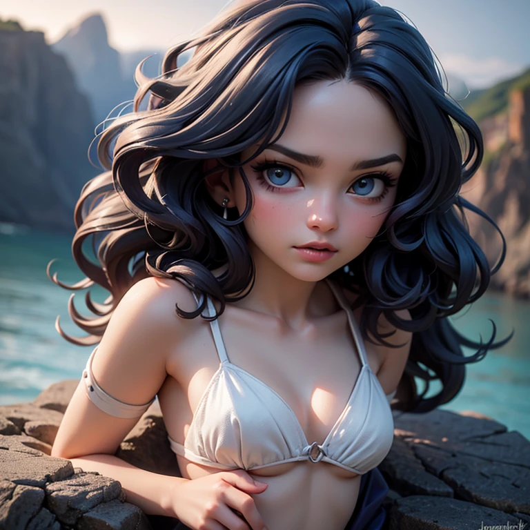 (sharp focus:1.2), photo, attractive young woman, (beautiful face:1.1), detailed eyes, luscious lips, (smokey eye makeup:0.85), (tiny breasts:1.3), (fragile body:1.2), (wavy blue hair:1.2), wearing (revealing dress:1.2) on a (cliffside:1.2). (moody lighting:1.2), depth of field, bokeh, 4K, HDR. by (James C. Christensen:1.2|Jeremy Lipking:1.1).