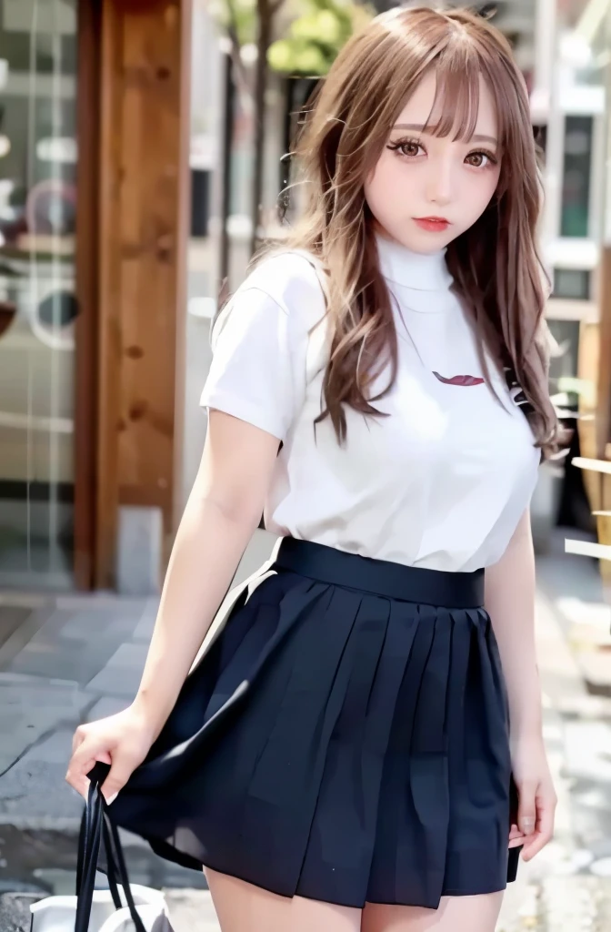 NFSW,((panty shot:1.3)),((skirt lift:1.3)),((panty shot:1.3)),((skirt lift:1.3)),((panty shot:1.3)),((skirt lift:1.3)),1 girl, single, alone, Beautiful woman、((I could see the whole body:1.3))、 ((middle wave hair, bangs, brown hair)), ((brown eyes, beautiful eyelashes, realistic eyes)), ((detailed face, blush:1.2)), ((smooth texture:0.75, realistic texture:0.65, realistic:1.1, Anime CG style)), perfect body,  (( white shirt)), ((black skirt:1.3)), 1 girl,(highest quality,4k,8K,High resolution,masterpiece:1.2),1 Beautiful woman,18-year-old,35mm lens,f/1,considerable breasts,soft sunlight,bright colors,playful expression