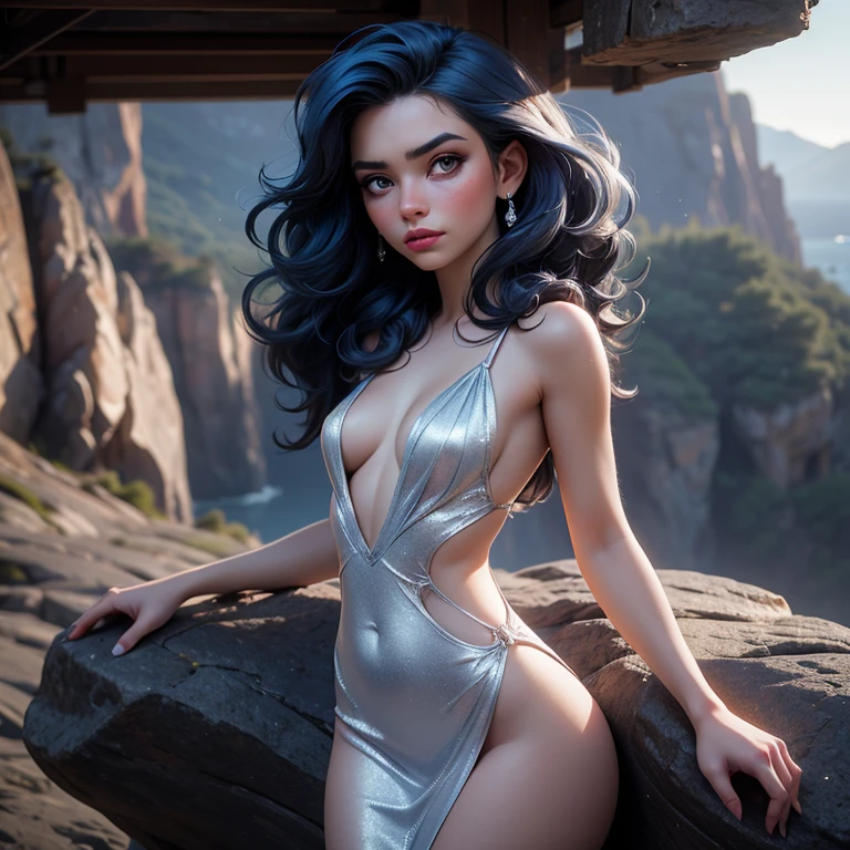 (sharp focus:1.2), photo, attractive young woman, (beautiful face:1.1), detailed eyes, luscious lips, (smokey eye makeup:0.85), (tiny breasts:1.3), (fragile body:1.2), (wavy blue hair:1.2), wearing (revealing dress:1.2) on a (cliffside:1.2). (moody lighting:1.2), depth of field, bokeh, 4K, HDR. by (James C. Christensen:1.2|Jeremy Lipking:1.1).