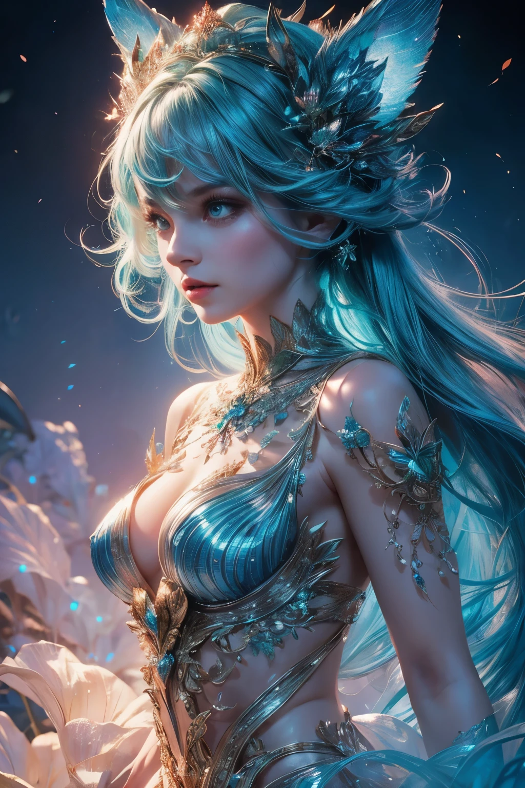 a delicate mythological creature in a forst clearing its skin like silk with a delicate pattern of spots and stripes that seemed to shimmer in the night, 8K, colorful lighting, vivid, ultra details, surreal photography ,blue,red,green,blue