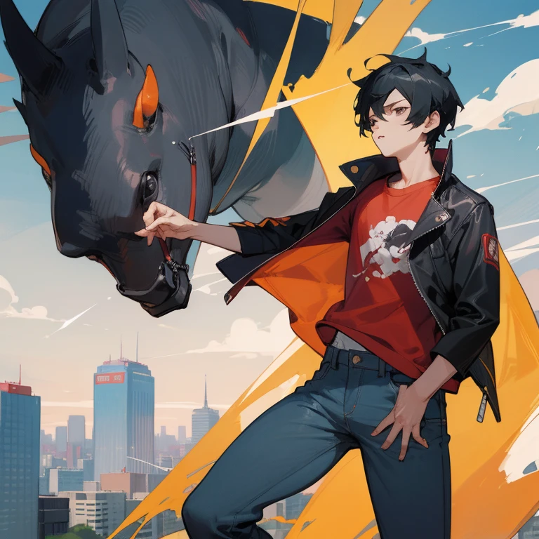 ((highest quality)), ((masterpiece)), (be familiar with), anime,youth,male,black hair,hair standing on end,Triumphant look,jeans,black jacket,red t-shirt,Tokyo cityscape
