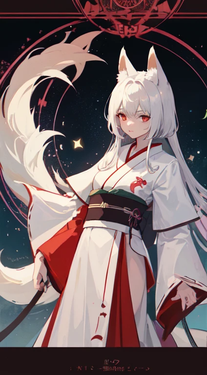 25 year old female ,Medium-length white hair with red highlights, red eyes, Thin, Big ,fox ears, Fox Tail Bar, Witch kimono, magic circle, Make it like tarot anime style but without the frame, gentle eyes, silver energy, silver particles, Fox Energy