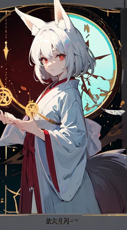 25 year old female ,Medium-length white hair with red highlights, red eyes, Thin, Big  ,fox ears, Fox Tail Bar, Witch kimono, magic circle, Make it like tarot anime style but without the frame, gentle eyes, silver energy, silver particles, Fox Energy