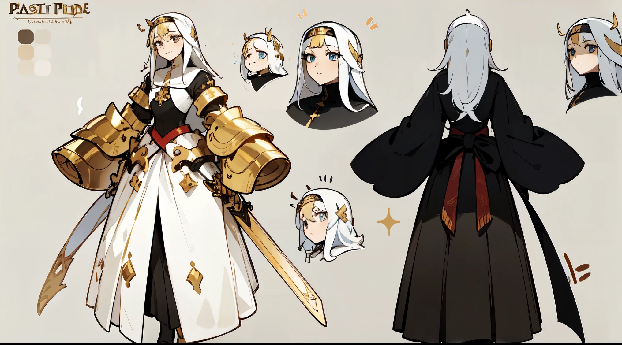 The Pious Pope，Sacrifice，sacred costume，Lewd Nun，cross, golden, (master piece), best quality,golden armor，Slim Armor Shape，has a long sword， expressive eyes,    That&#39;s a perfect face, (character sheet:1),Character Design，Conceptual Role，（whole body from head to toe）, long white hair, braided hair