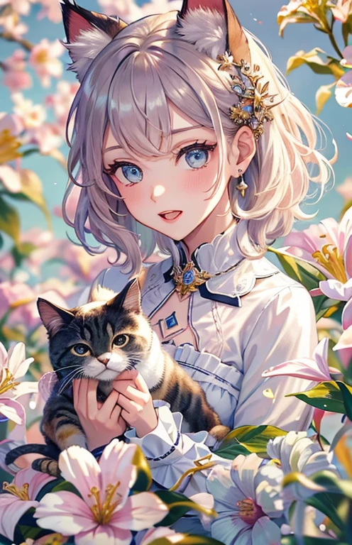 ((highest quality)), ((masterpiece)), (get used to it), perfect face , beautiful girl , Cat耳 , Cat , Lots of flowers in the background ,
