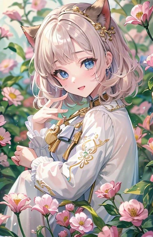 ((highest quality)), ((masterpiece)), (get used to it), perfect face , beautiful girl , Cat耳 , Cat , Lots of flowers in the background ,