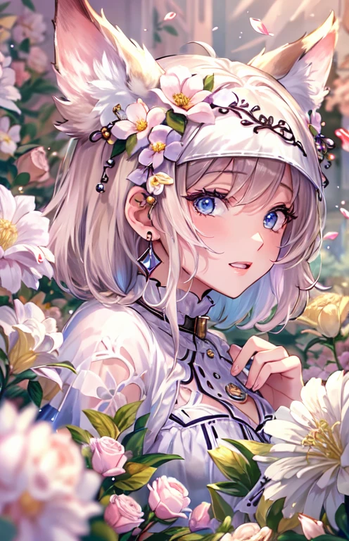 ((highest quality)), ((masterpiece)), (get used to it), perfect face , beautiful girl , Cat耳 , Cat , Lots of flowers in the background ,