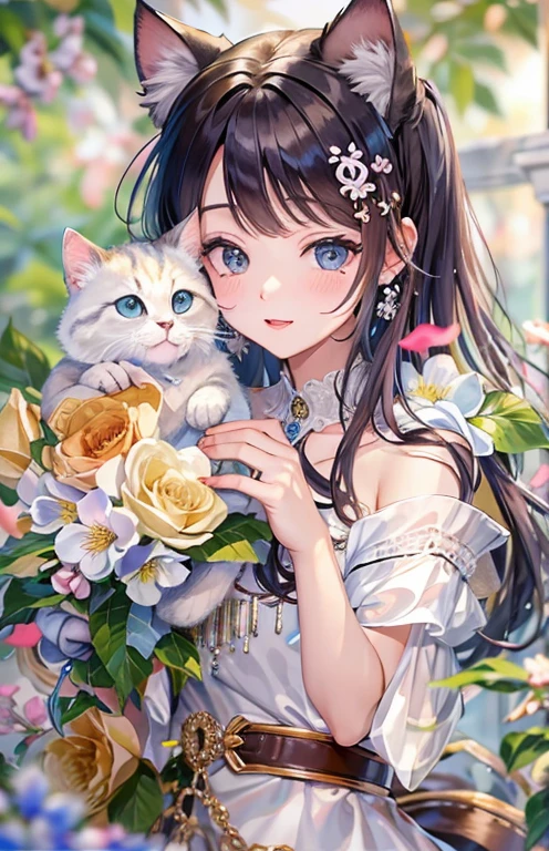 ((highest quality)), ((masterpiece)), (get used to it), perfect face , beautiful girl , Cat耳 , Cat , Lots of flowers in the background ,