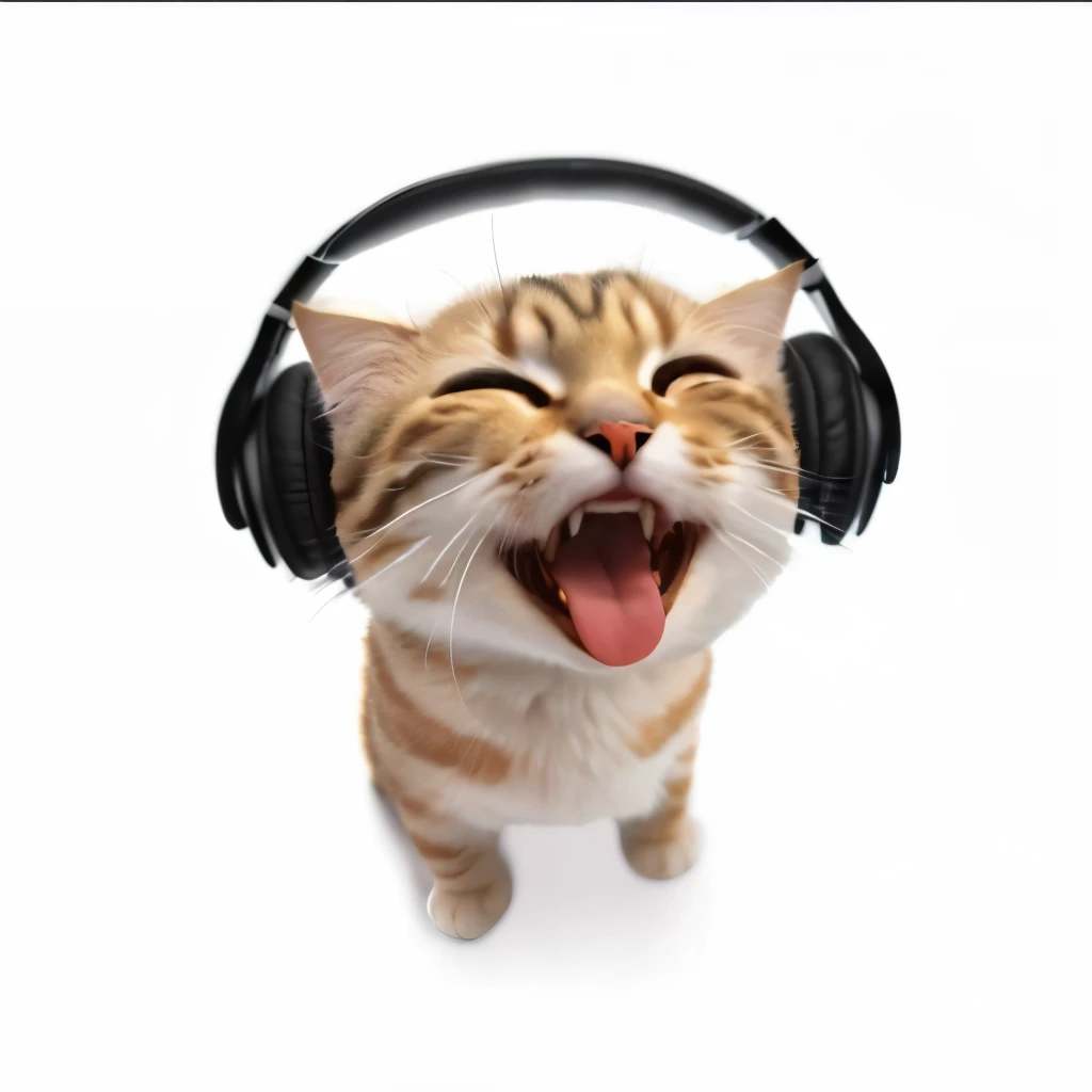 Masterpiece, cat with headphones on and mouth open, sits on a white background, vibing to music, singing for you, listening to music, funny cat, happy cat, sharp focus, ultra-detailed, best quality, artgerm, trending on artstation, official art, unity 8k wallpaper, HDR, 4k, 8k, HD,