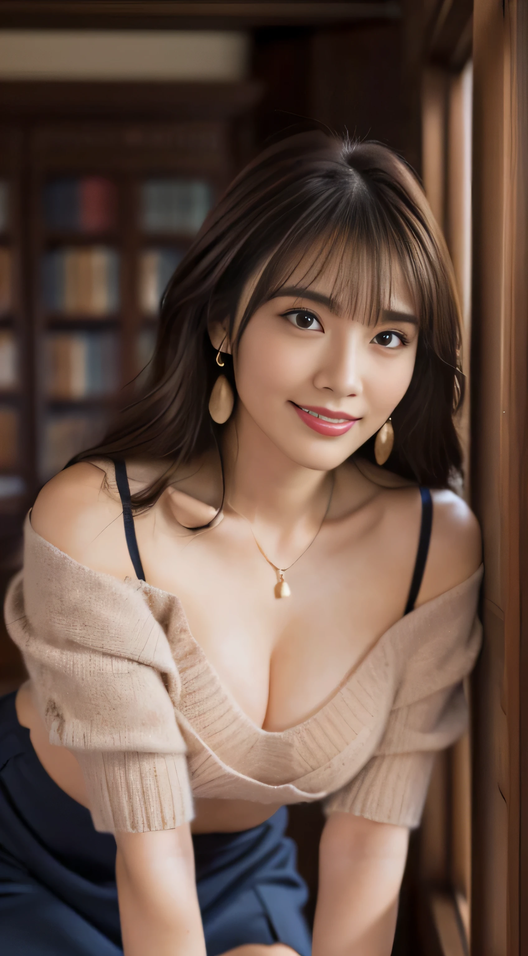 ((table top, highest quality, High resolution, , perfect pixel, 4k, ))), 1 girl, single, alone, Beautiful woman、(An angle where you can see the whole body)、 ((middle wave hair, bangs, brown hair)), ((brown eyes, beautiful eyelashes, realistic eyes)), ((detailed face, blush:1.2)), ((smooth texture:0.75, realistic texture:0.65, realistic:1.1, Anime CG style)), big breasts、soft chest、dynamic angle, perfect body, ((Female governess、、Beige off-shoulder sweater、Dark Blue Flared Skirt、black garter stockings、earrings、necklace、upward glance、shy smile、library desk、Leaning forward a lot、crawl on all fours、、I can see a little bra、Massage your chest with one hand、flip up the skirt with one hand、))