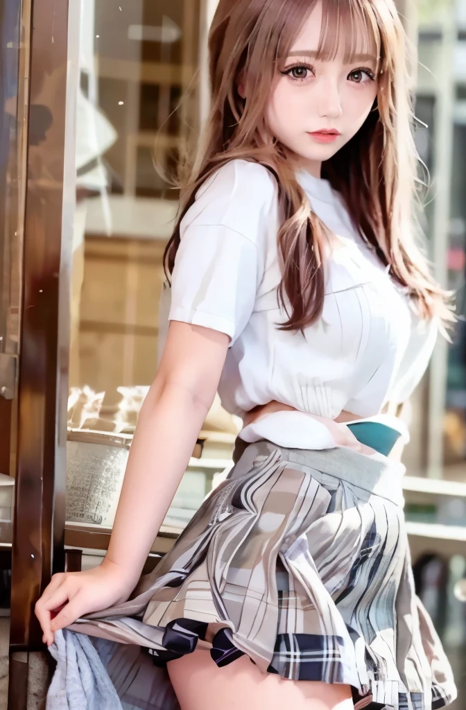 NFSW,((panty shot:1.3)),((skirt lift:1.3)),((panty shot:1.3)),((skirt lift:1.3)),((panty shot:1.3)),((skirt lift:1.3)),1 girl, single, alone, Beautiful woman、((I could see the whole body:1.3))、 ((middle wave hair, bangs, brown hair)), ((brown eyes, beautiful eyelashes, realistic eyes)), ((detailed face, blush:1.2)), ((smooth texture:0.75, realistic texture:0.65, realistic:1.1, Anime CG style)), perfect body,  (( white shirt)), ((black skirt:1.3)), 1 girl,(highest quality,4k,8K,High resolution,masterpiece:1.2),1 Beautiful woman,18-year-old,35mm lens,f/1,considerable breasts,soft sunlight,bright colors,playful expression