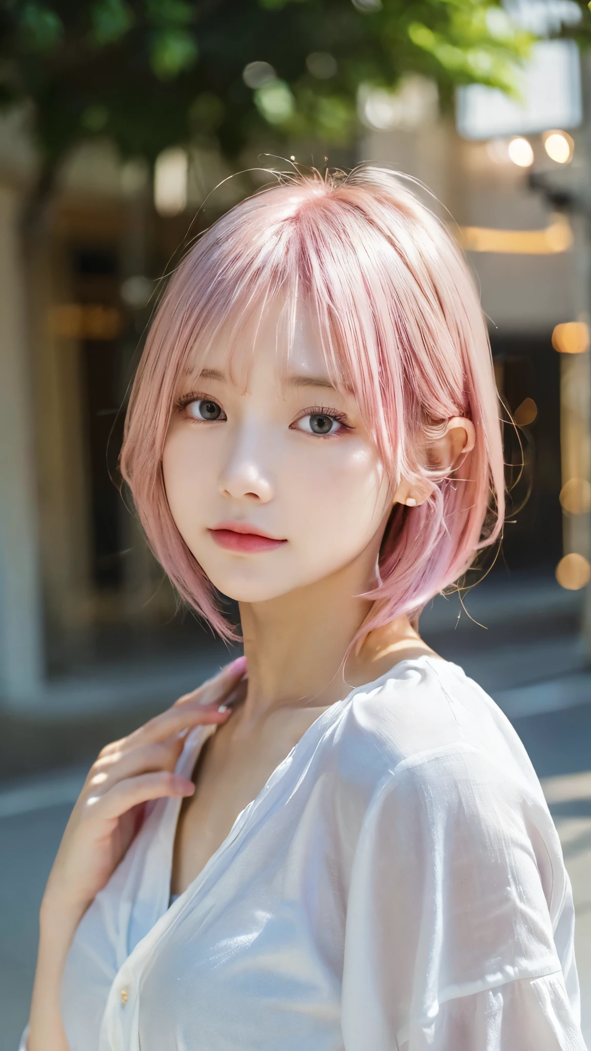 lightly dressed、exposed、thin white shirt、(highest quality,masterpiece:1.3,超A high resolution,),(super detailed,caustics),(Photoreal:1.4,RAW shooting,)ultra-realistic capture,very detailed,High definition 16K for human skin、 Natural skin texture、、Skin looks even-toned and healthy、 Use natural light and color,one woman,Japanese,,cute,pink haired,middle hair,(Depth of the bounds written、chromatic aberration、、wide range of lighting、natural shading、)、(Outdoor lights during daytime:1.4)、(hair swaying in the wind:1)、short hair、Put on your ears