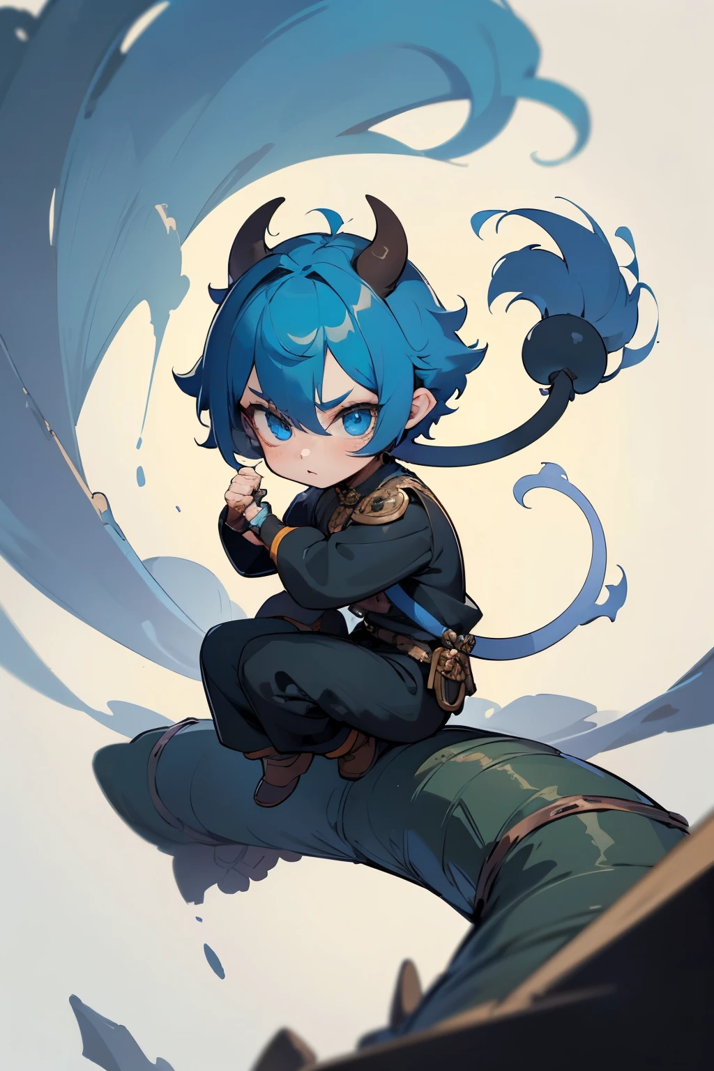 boy, full body, cartoon style, chibi style, cute, monkey tail, ogre horn, beautiful face, blue color eye, beautiful eye, high detailed pupil, double eyeylid, high detailed skin, high quality skin, blue color hair, very short hair, black clothes, masterpiece,