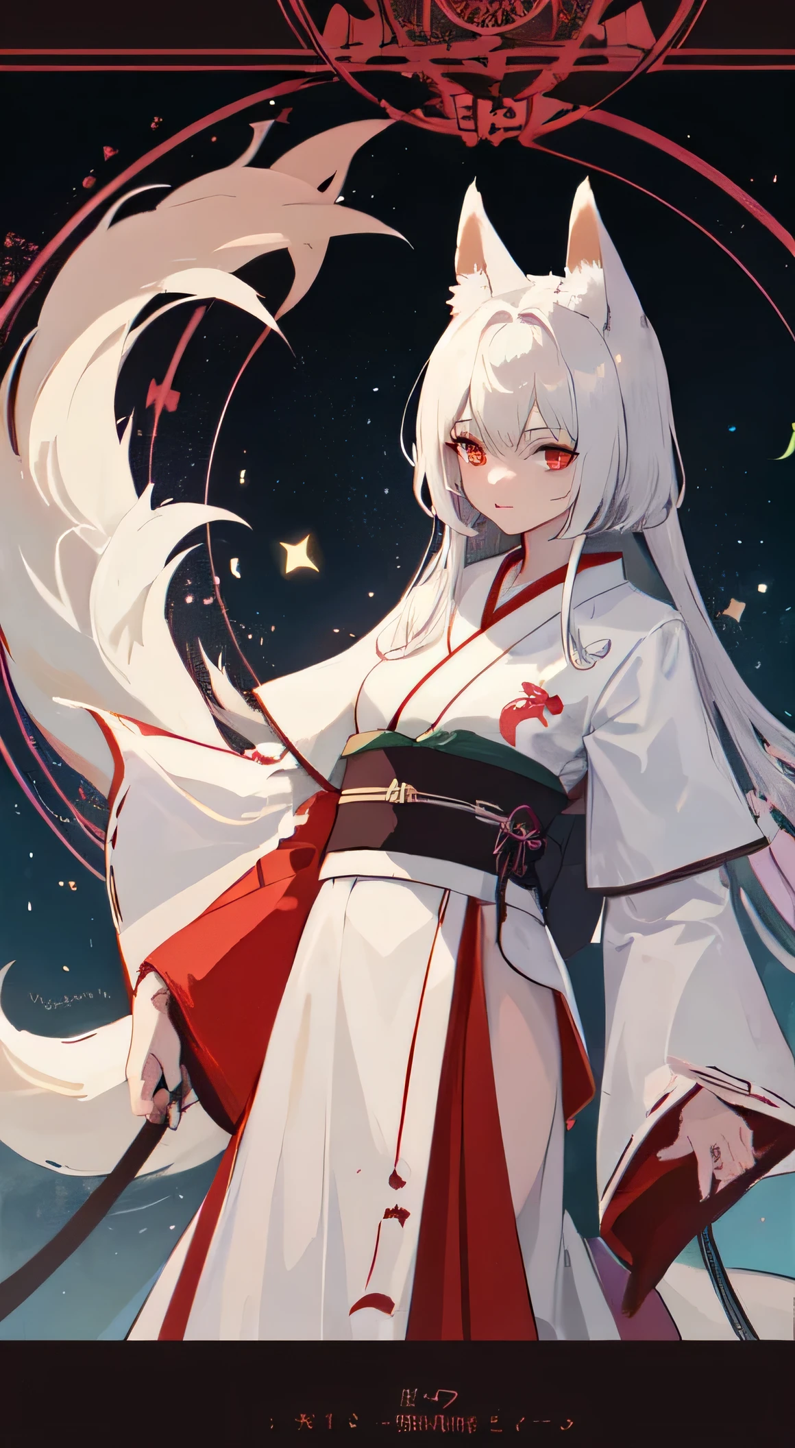 25 year old female ,Medium-length white hair with red highlights, red eyes, Thin, Big  ,fox ears, Fox Tail Bar, Witch kimono, magic circle, Make it like tarot anime style but without the frame, gentle eyes, silver energy, silver particles, Fox Energy