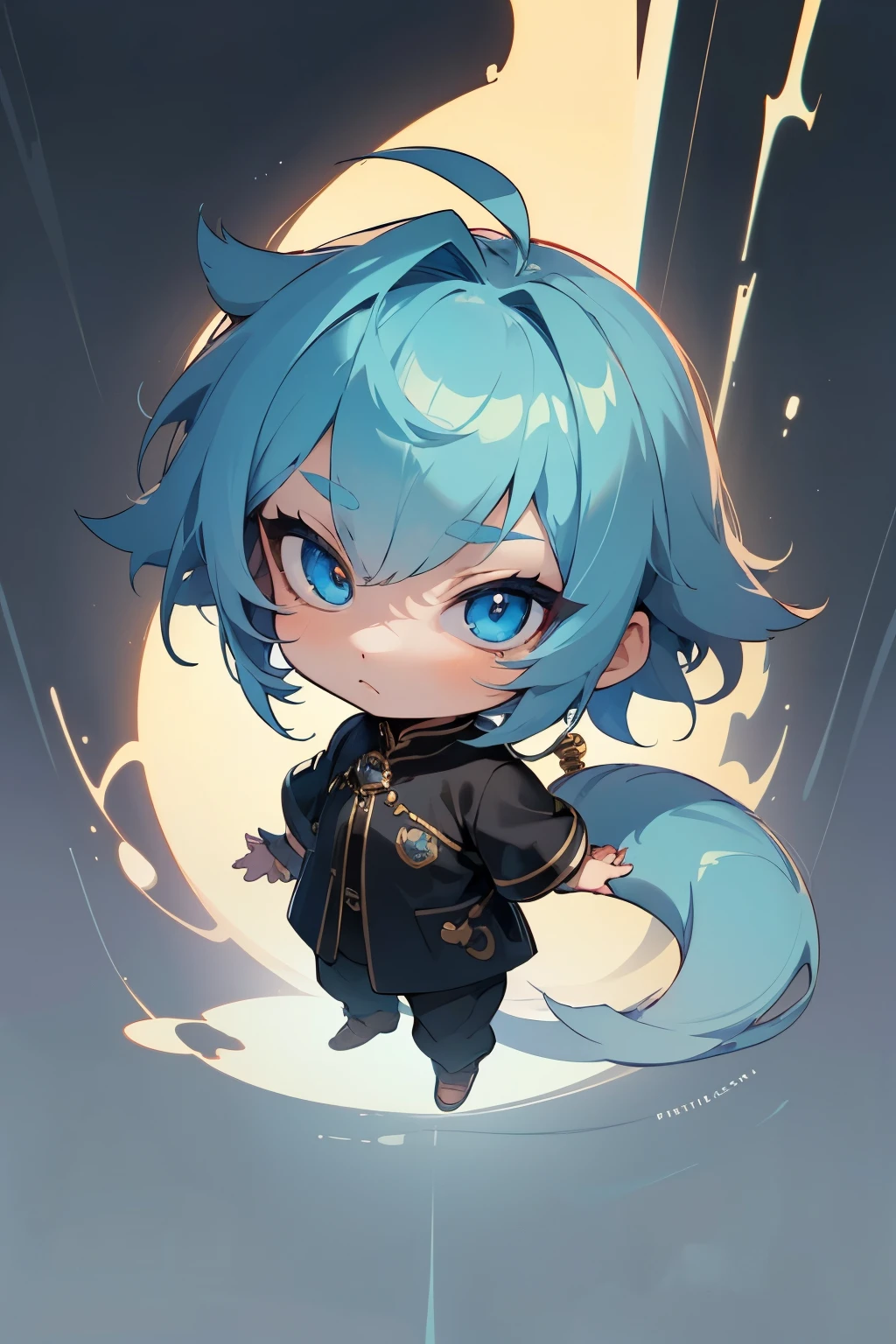 boy, full body, cartoon style, chibi style, cute, monkey tail ogre horn, beautiful face, blue color eye, beautiful eye, high detailed pupil, double eyeylid, high detailed skin, high quality skin, blue color hair, black clothes, masterpiece,