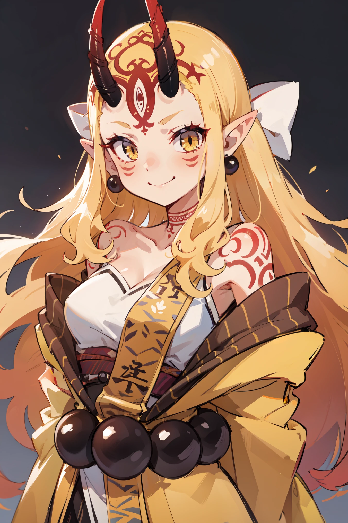 1girl, solo, (ibaraki_douji), blonde, yellow eyes, oni horns, japanese clothes, pointy ears, kimono, bare shoulders, off shoulder, yellow kimono, forehead, ((arms behind back)), hair accesories, straight hair, jewelry, earrings, large smile, smug, upper body, standing, masterpiece, best quality, 8k, beautiful