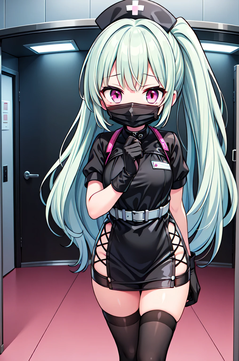 black nurse, 1girl, solo, black nurse cap, black nurse uniform, ((black legwear, zettai ryouiki)), black elbow gloves, ponytail, green hair, pink eyes, ((black surgical mask, covered nose)), standing, ((surgery room)), sharp outline, short sleeves, best quality, masterpiece
