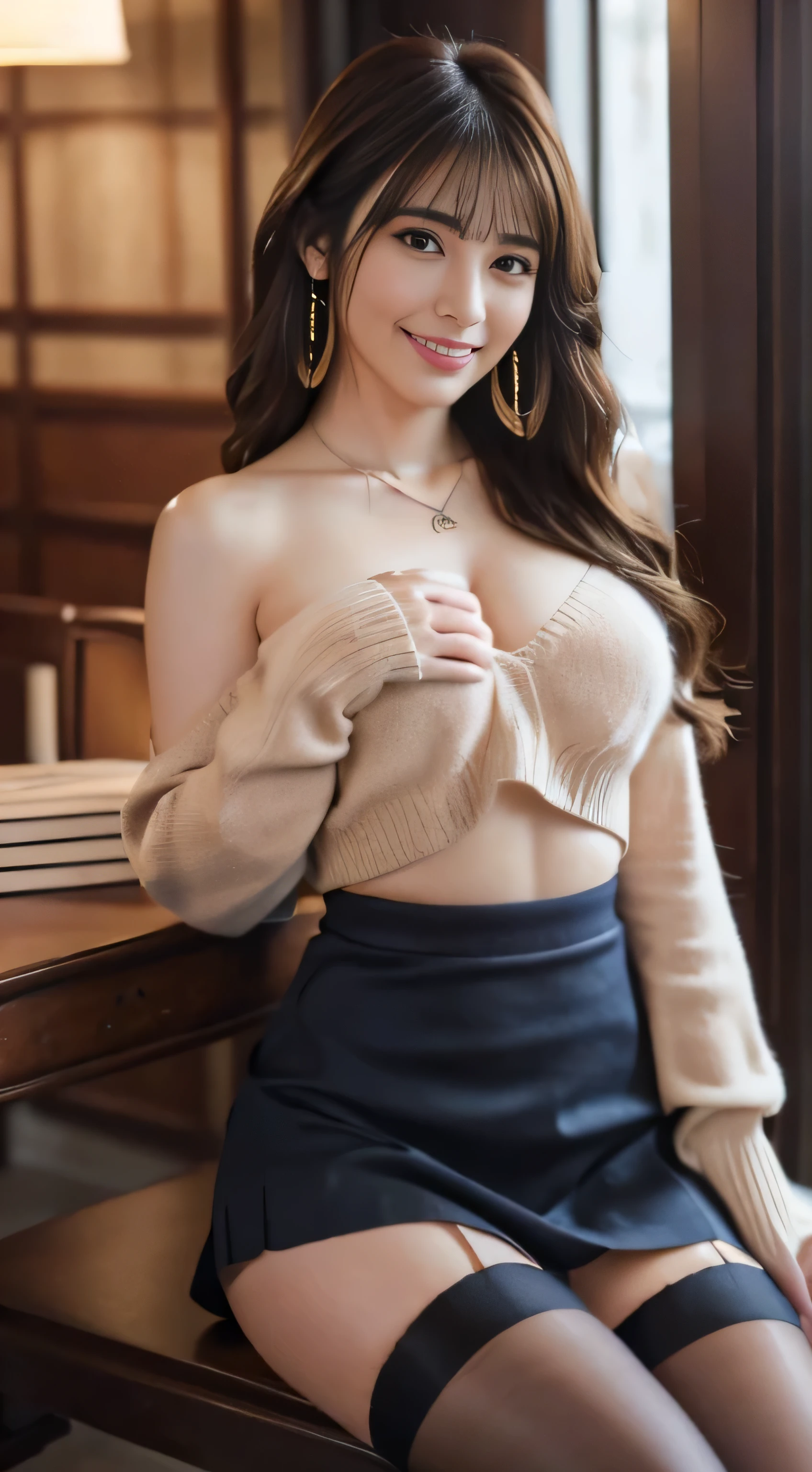 ((table top, highest quality, High resolution, , perfect pixel, 4k, ))), 1 girl, single, alone, Beautiful woman、(An angle where you can see the whole body)、 ((middle wave hair, bangs, brown hair)), ((brown eyes, beautiful eyelashes, realistic eyes)), ((detailed face, blush:1.2)), ((smooth texture:0.75, realistic texture:0.65, realistic:1.1, Anime CG style)), big breasts、soft chest、dynamic angle, perfect body, ((Female governess、、Beige off-shoulder sweater、Dark Blue Flared Skirt、black garter stockings、earrings、necklace、upward glance、shy smile、library desk、Leaning forward a lot、crawl on all fours、、I can see a little bra、Massage your chest with one hand、flip up the skirt with one hand、))