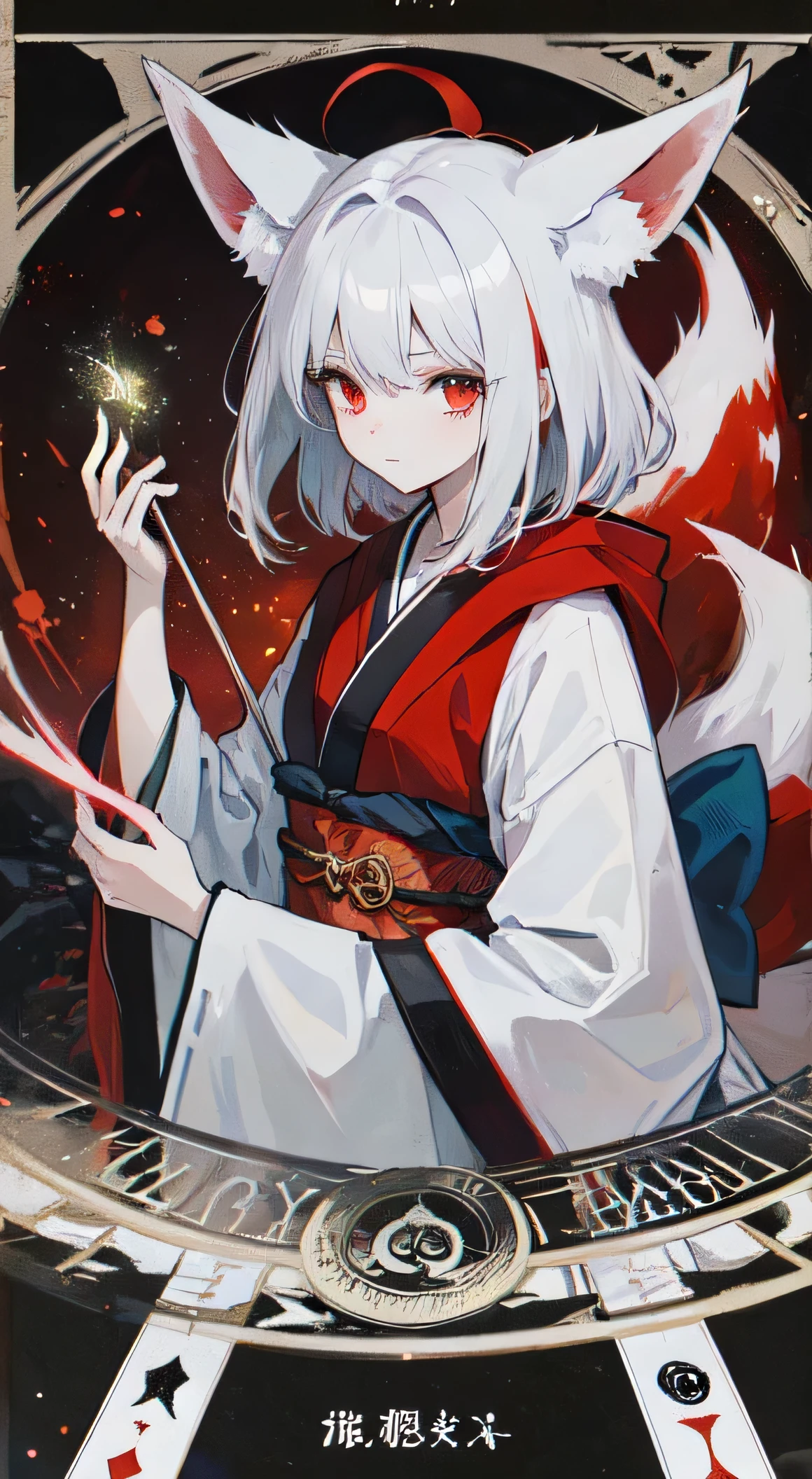 25 year old female ,Medium-length white hair with red highlights, red eyes, Thin, Big  ,fox ears, Fox Tail Bar, Witch kimono, magic circle, Make it like tarot anime style but without the frame, gentle eyes, silver energy, silver particles, Fox Energy