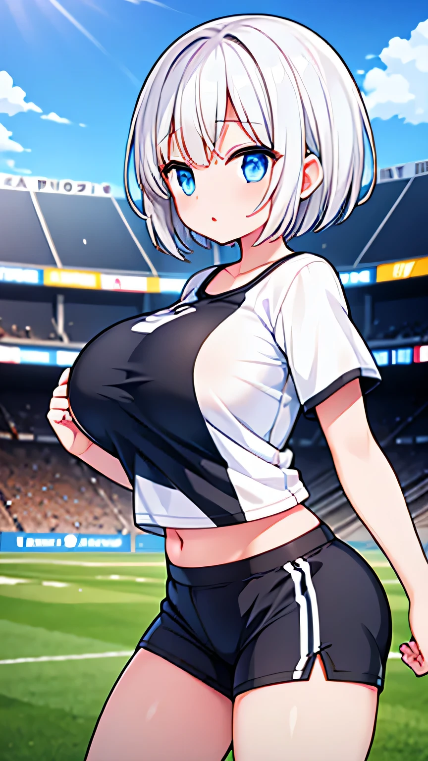girl, big breasts, white short hair, black shorts, white T-shirt, blue eyes, football field background