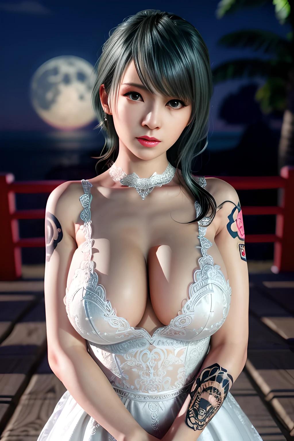 1 girl,standing posture, A-Line Wedding Dress,, nighttime,moon,( huge breasts:1.1),cleavage,shiny skin,lip gloss,( tattoos:1.2), masterpiece, best quality, realistic ,Surrealism,Rich artistic colors, 8K,3D,Portrait art,solo, tamaki