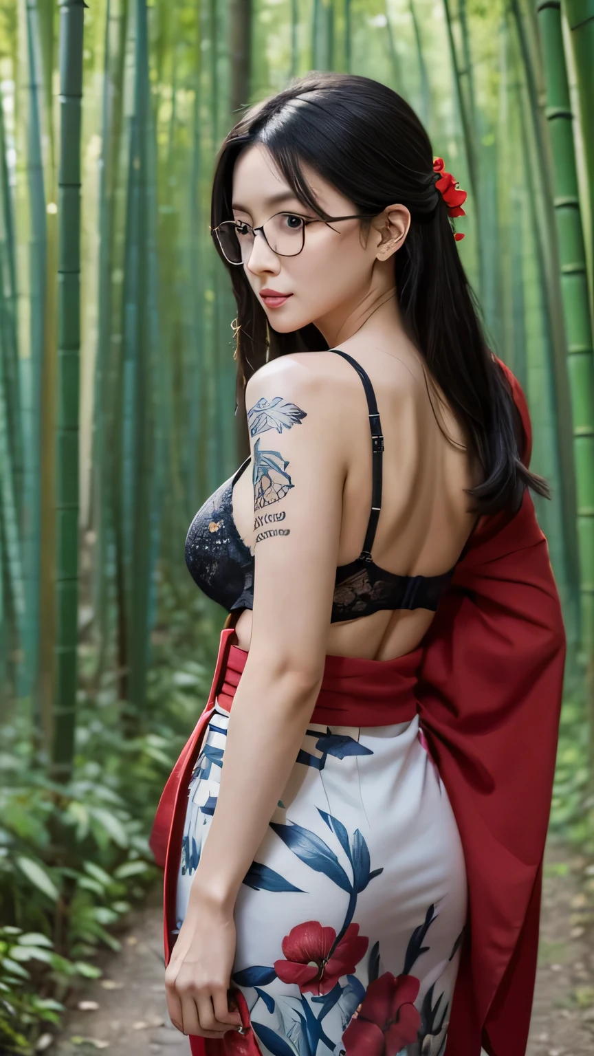 (Sexy Asian mature woman, age around 40th, big breast, glasses, big ass), (red flower kimono, skirt dress, short tight dress, red bra), (standing), (long legs), (bamboo forest), (holding weapon, katana), (blue eyes, very long black hair tied up), (tattoo on body, tattoo on legs, tattoo on breast), (blue eyes), wearing earrings, (river), (scar in her body), (armor in shoulder), (black wings in back), (facing forward, facing camera)