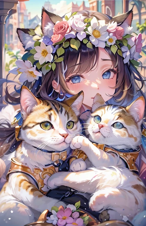 ((highest quality)), ((masterpiece)), (get used to it), perfect face , beautiful girl , twins , Cat耳 , Cat , Lots of flowers in the background ,