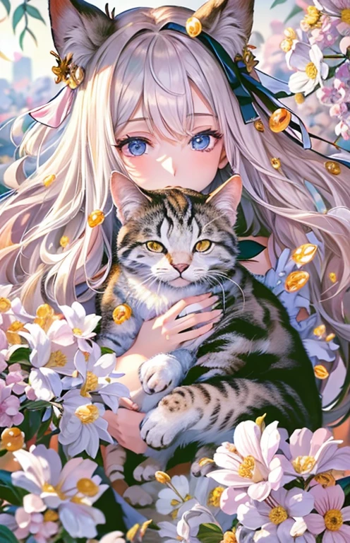 ((highest quality)), ((masterpiece)), (get used to it), perfect face , beautiful girl , twins , Cat耳 , Cat , Lots of flowers in the background ,