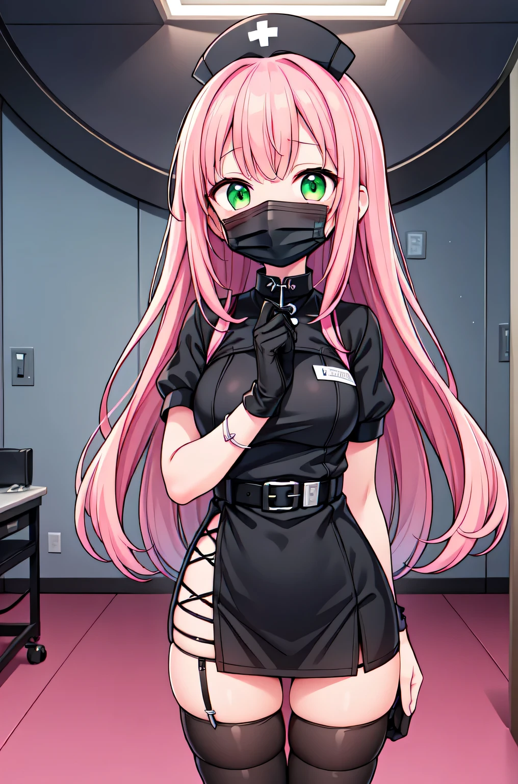 black nurse, 1girl, solo, black nurse cap, black nurse uniform, ((black legwear, zettai ryouiki)), black elbow gloves, pink hair, green eyes, drooping eyes, ((black surgical mask, covered nose)), standing, ((surgery room)), sharp outline, short sleeves, best quality, masterpiece