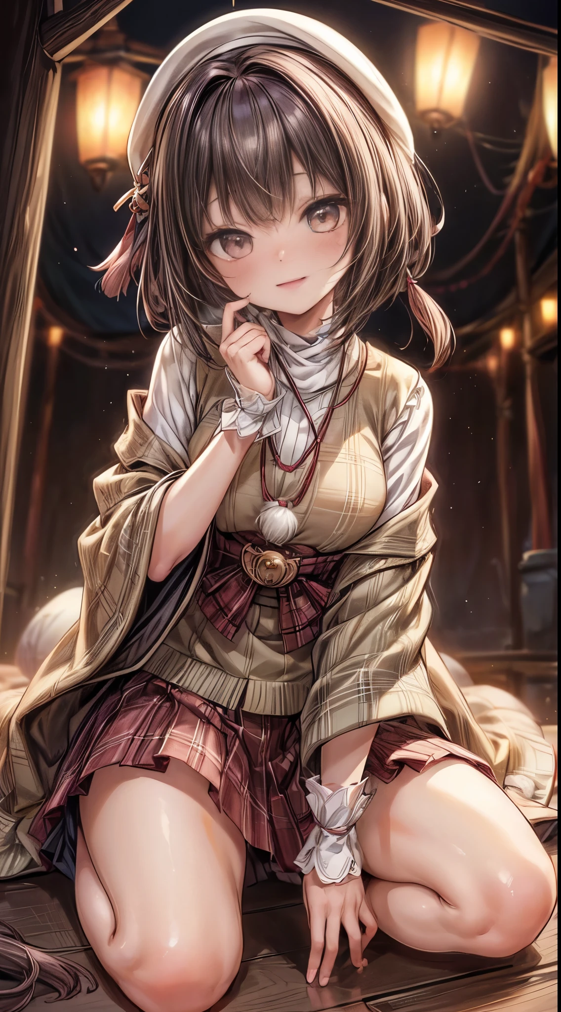 tmasterpiece、8K、32K、quality、(detailed eyes)、Long brown hair,colours,(A lovely Japanese woman、through bangs)、23years old、1 girl in、Elegant、(Detailed background depiction、Potrat:1.2)、(bob cuts:1.3)、(lamplight、Yuki:1.4)、(slalom:1.2)、(wool poncho、Plaid mini skirt、upper legs, upper legs, upper legs:1.2),(face flushed、cheerful:1.4)、(Look from the bottom up:1.3)