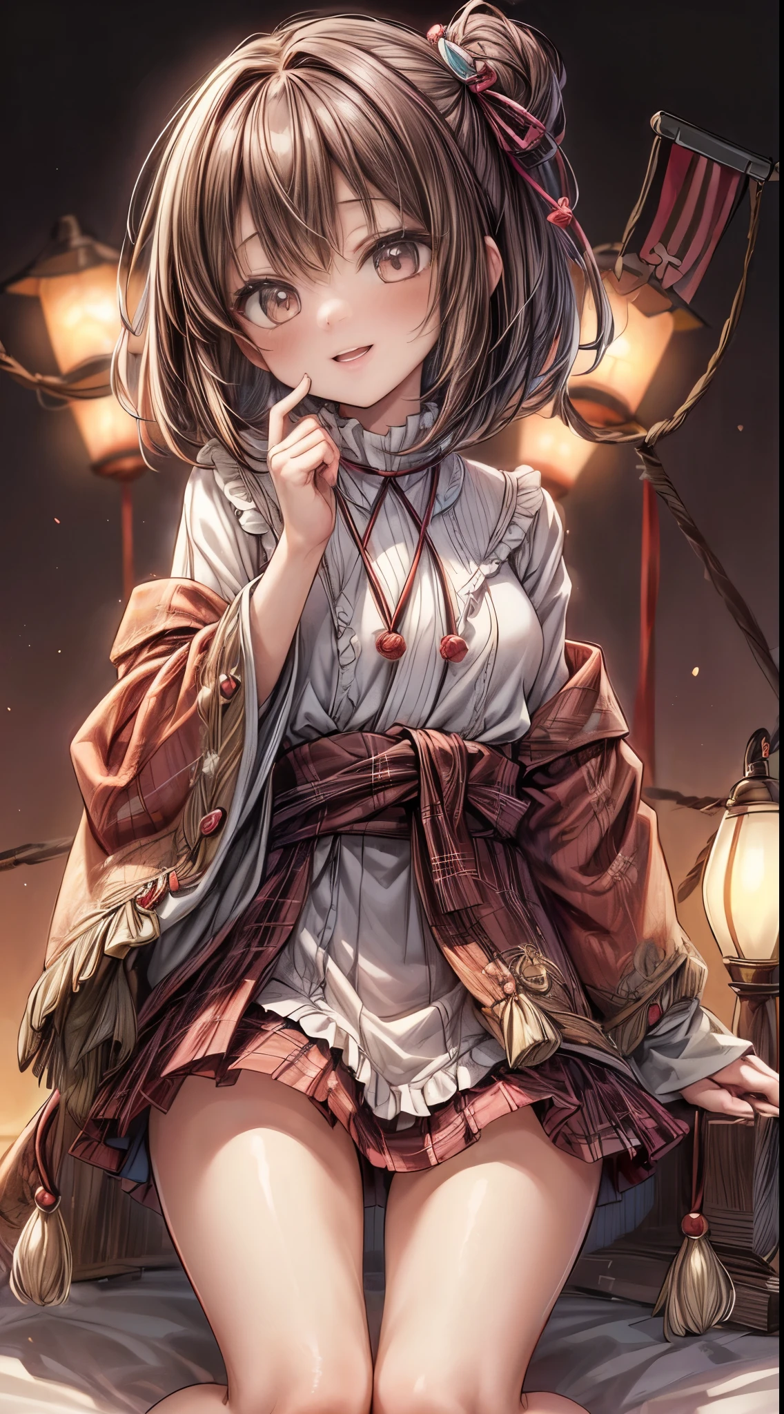 tmasterpiece、8K、32K、quality、(detailed eyes)、Long brown hair,colours,(A lovely Japanese woman、through bangs)、23years old、1 girl in、Elegant、(Detailed background depiction、Potrat:1.2)、(bob cuts:1.3)、(lamplight、Yuki:1.4)、(slalom:1.2)、(wool poncho、Plaid mini skirt、upper legs, upper legs, upper legs:1.2),(face flushed、cheerful:1.4)、(Look from the bottom up:1.3)